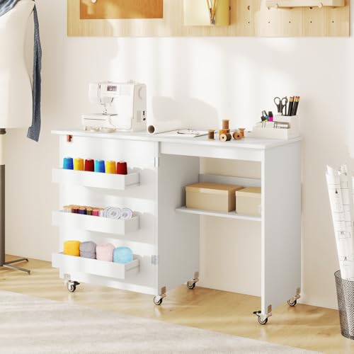 GIANTEX Nähtisch klappbar, Nähmaschinentisch auf Rollen, Nähtisch für Nähmaschine, Nähschrank Holz, Mehrzwecktisch für Wohnzimmer Arbeitszimmer Schlafzimmer (Weiß) von GIANTEX