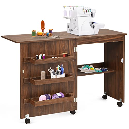 GIANTEX Nähtisch klappbar, Nähmaschinentisch auf Rollen, Nähtisch für Nähmaschine, Nähschrank Holz, Mehrzwecktisch für Wohnzimmer Arbeitszimmer Schlafzimmer (braun) von GIANTEX