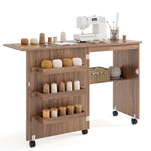 GIANTEX Nähtisch klappbar, Nähmaschinentisch auf Rollen, Nähtisch für Nähmaschine, Nähschrank Holz, Mehrzwecktisch für Wohnzimmer Arbeitszimmer Schlafzimmer (braun) von GIANTEX