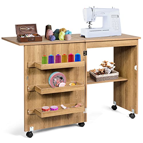 GIANTEX Nähtisch klappbar, Nähmaschinentisch auf Rollen, Nähtisch für Nähmaschine, Nähschrank Holz, Mehrzwecktisch für Wohnzimmer Arbeitszimmer Schlafzimmer (walnuss) von GIANTEX