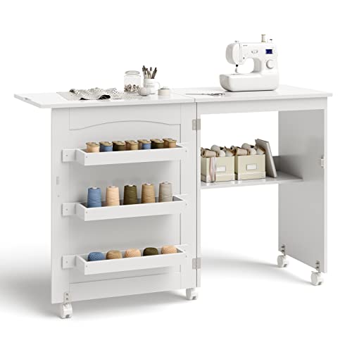 GIANTEX Nähtisch klappbar, Nähmaschinentisch auf Rollen, Nähtisch für Nähmaschine, Nähschrank Holz, Mehrzwecktisch für Wohnzimmer Arbeitszimmer Schlafzimmer (weiß) von GIANTEX