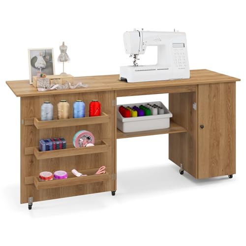 GIANTEX Nähtisch klappbar, Nähschrank auf Rollen, Nähmaschinentisch Nähtisch für Nähmaschine, Nähmaschinenschrank mit Arbeitsplatte & Ablagen & Tür, Mehrzwecktisch Basteltisch Holz 158,5x50x74cm von GIANTEX