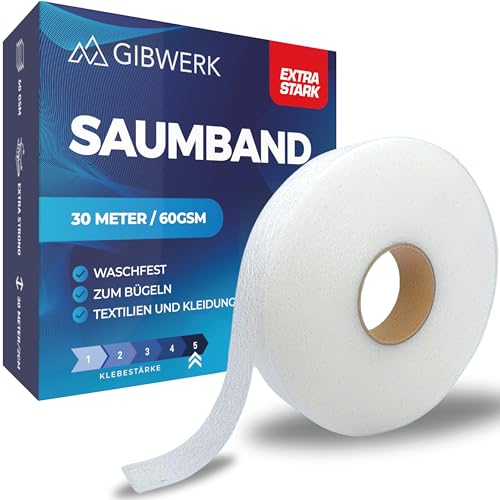 GIBWERK Saumband zum Aufbügeln Waschfest | 60 GSM | Extra Stark | 30 Meter x 20 mm | Waschfest und Selbstklebend | Bügelvlies für Vorhänge Gardinen und Textilien | Bügelband für Hosen | Nahtband von GIBWERK