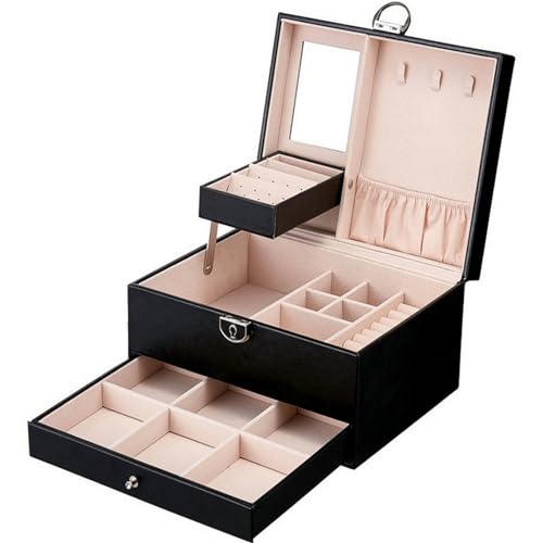 GIBZ Leder Schmuckkästchen Abschließbar für Damen Ohrring Ketten Ring Organizer Samt Viele Fächer Schmuckschatulle, Schwarz von GIBZ