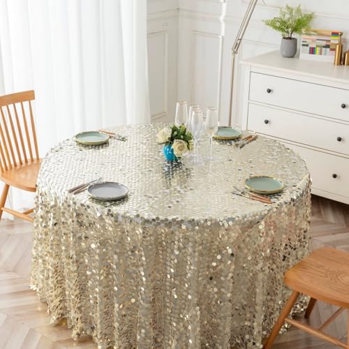 GIBZ Runde Tischdecke mit Glitzer Pailletten für Party, Glänzend Tischdecken Transparente Netzauflage für Hochzeit Geburtstag, Champagner, 274x274cm von GIBZ