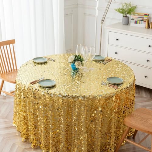 GIBZ Runde Tischdecke mit Glitzer Pailletten für Party, Glänzend Tischdecken Transparente Netzauflage für Hochzeit Geburtstag, Gold, 274x274cm von GIBZ