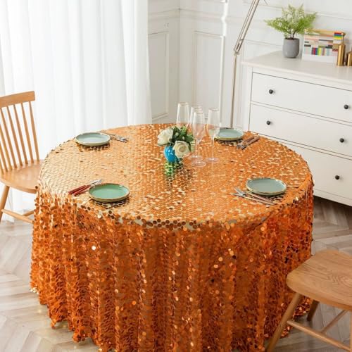 GIBZ Runde Tischdecke mit Glitzer Pailletten für Party, Glänzend Tischdecken Transparente Netzauflage für Hochzeit Geburtstag, Orange, 274x274cm von GIBZ
