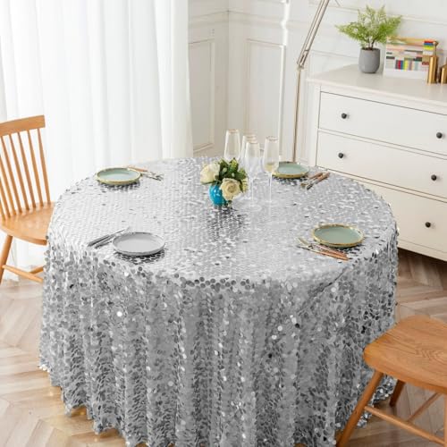 GIBZ Runde Tischdecke mit Glitzer Pailletten für Party, Glänzend Tischdecken Transparente Netzauflage für Hochzeit Geburtstag, Silber, 305x305cm von GIBZ