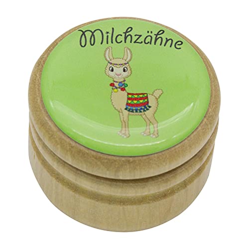 GICO Milchzahndose, Zahndose Milchzähne Bilderdose mit diversen Motiven aus Holz für Jungen und Mädchen mit Drehverschluss 44 mm (Lama) von GICO