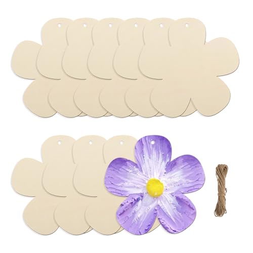GIDWRIY 10 Stück Deko Holzblumen zum Bemalen 7.5 CM,Blumen Holzscheiben Natur,Blumen Aus Holz zum Anmalen,Holzplatten zum Basteln Mit Schnur,Holzkreise,Holzstreuteile,Bastelzubehör für DIY Handwerk von GIDWRIY