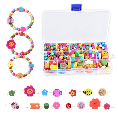 GIDWRIY 400 PCS Bunte Holzperlen Zum Auffädeln Kinder,Perlen zum Basteln Holz,Bastelperlen mit Loch Holz,Wooden Beads Kids,Bastelset Holzperlen für Schmuck,Halsketten Zubehör Perlen für Armbänder DIY von GIDWRIY