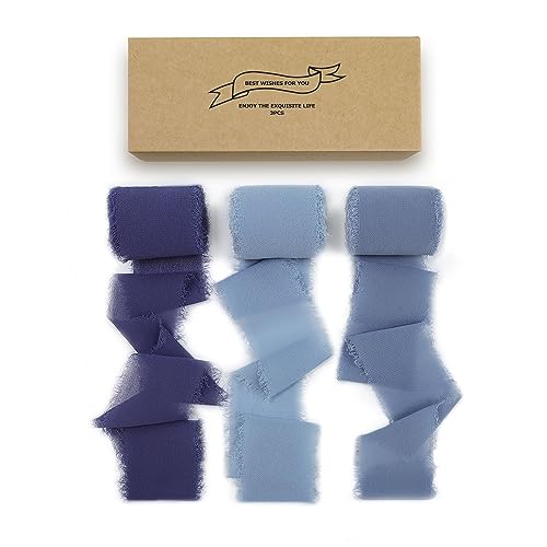 Chiffon-Seidenband, Fransen, 3,8 cm x 16,5 m, handgefertigte Bänder für Geschenkverpackungen, Hochzeitseinladungen, Brautsträuße, Basteln, Blumenstrauß (blau) von GIFTY