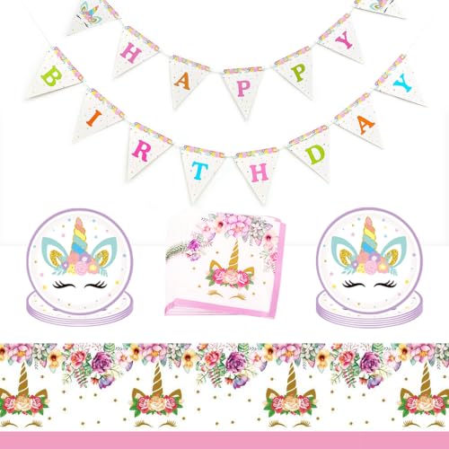 GIGIIS Geburtstag Partygeschirr Set Einhorn Partygeschirr Teller Set Geburtstagsdeko Party Supplies Einhorn Kindergeburtstag Deko mit Banner Party Geschirr Set für Geburtstagsfeier,Hochzeiten,Jubiläen von GIGIIS