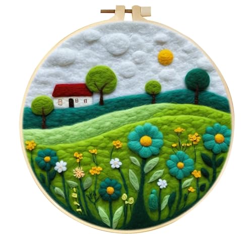 Filz Stoff Farbiges Filzkissen mit grünem Landschaftsmuster, DIY-Wollfilzmalerei, Stickereiblumen, DIY-Nadelfilz for Starterset, Filzmalerei-Set(MZH-819-2020-XP) von GIJMZY