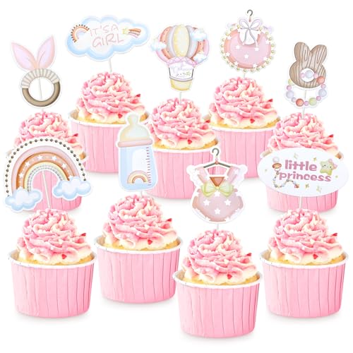 36-teilige Kuchendekorationen für Babypartys, Schnuller, Regenbogenballons, Cupcake-Dekorationen für Babypartys, Kindergeburtstage für Mädchen (rosa) von GIKPAX