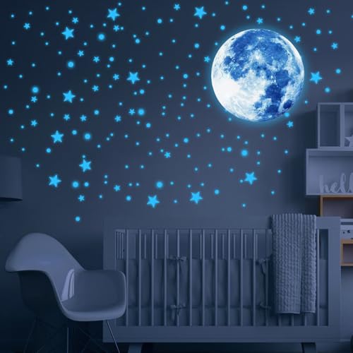 Im Dunkeln leuchtende Sterne, 435 Stück, Wandaufkleber mit im Dunkeln leuchtenden Sternen und Monden für die Wanddekoration im Kinderzimmer, Schlafzimmer und Wohnzimmer (Blau) von GIKPAX
