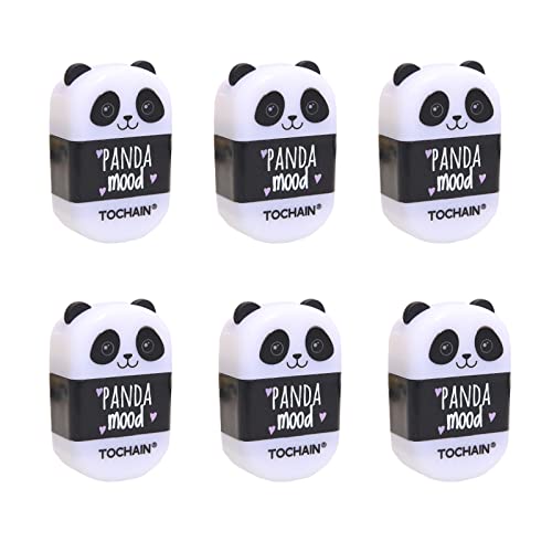 GINCEVHY 6 Stück niedliche Panda-Bleistiftspitzer, manueller Bleistiftspitzer mit Radiergummi, Schreibwaren (Einzelloch, integrierter Radiergummi) von GINCEVHY