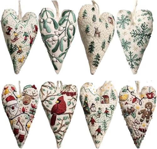 GINGER TECH DIY Herz Stickerei Weihnachtsdekoration, Weihnachtsstickerei-Set für Anfänger, DIY Herzform, handbesticktes Weihnachtsschmuck-Set mit Nadeln und Faden (8 Stück A+B) von GINGER TECH