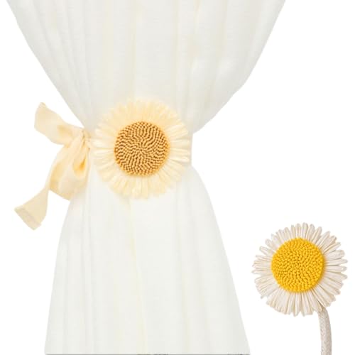 2 Stück Blume Vorhang Raffhalter Beige 83cm Boho Dekorative Vorhanghalter Elastisch Vorhang Halter für Gardinen Vorhang Halter Handgewebt Gardinen Kordel für Dekoration Zuhause, Cafe (Sonnenblume) von GIONAR
