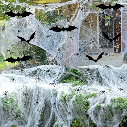 2200 Sqft Halloween Deko Spinnennetz - Halloween Spinnennetz Dekoration - mit 100St Plastik Spinnen, 24St Fledermaus - Weiß Spinnenweben für Outdoor Indoor Garten,Esstisch,Tür,Decke von GIONAR