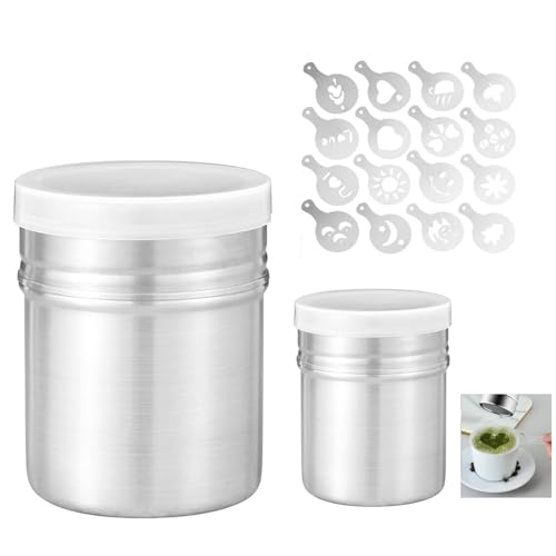 GIONAR 2 Stück Puderzuckerstreuer, Kakaostreuer für Cappuccino Mit 16 Stück Druckform-Schablonen, Kakaostreuer, Kakao Streuer Cappuccino,Zuckerstreuer, Puderzuckermühle, Mehlstreuer mit Deckel GIONAR 2 Stück Puderzuckerstreuer, Kakaostreuer für Cappuccino Mit 16 Stück Druckform-Schablonen, Kakaostreuer, Kakao Streuer Cappuccino,Zuckerstreuer, Puderzuckermühle, Mehlstreuer mit Deckel von GIONAR