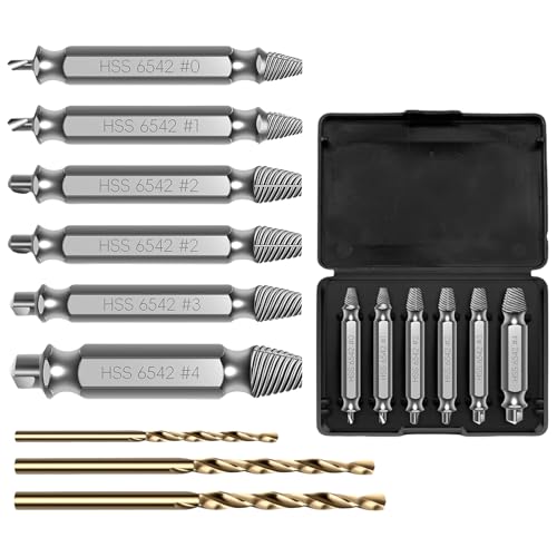 GIONAR 9-teiliges Schraubenausdreher-Set, 6 Schraubenentferner und 3 Spiralbohrer, HSS 6542 Material, für gebrochene Kopf-/Gleitgewindeschrauben (mit Aufbewahrungsbox) von GIONAR