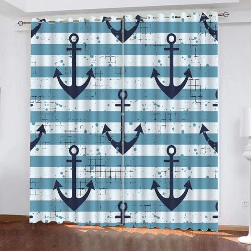 GIOVIA 3D Anker Vorhänge Abdunkelnde Ozean Maritim Kindervorhänge Vorhang mit ösen 2er Set Gardinen Blickdicht Verdunkelungs für Kinderzimmer Schlafzimmer Wohnzimmer B 110 X H 95 cm von GIOVIA