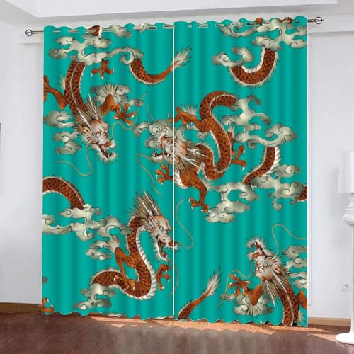 GIOVIA 3D Drachen Vorhänge Abdunkelnde Retro Drache Kindervorhänge Vorhang mit ösen 2er Set Gardinen Blickdicht Verdunkelungs für Kinderzimmer Schlafzimmer Wohnzimmer B 110 X H 95 cm von GIOVIA