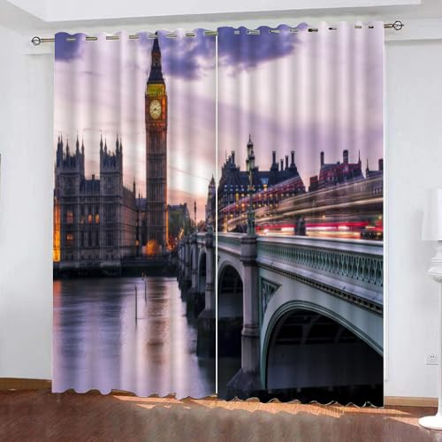 GIOVIA 3D London Gardinen Abdunkelnde Stadtansicht Kindervorhänge Vorhang mit ösen 2er Set Vorhänge Blickdicht Verdunkelungs für Kinderzimmer Schlafzimmer Wohnzimmer B 140 X H 160 cm von GIOVIA