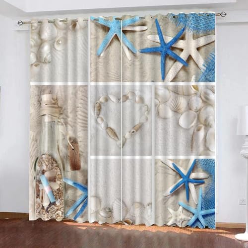 GIOVIA 3D Maritime Gardinen Abdunkelnde Strand Seestern Kindervorhänge Vorhang mit ösen 2er Set Vorhänge Blickdicht Verdunkelungs für Kinderzimmer Schlafzimmer Wohnzimmer B 140 X H 160 cm von GIOVIA