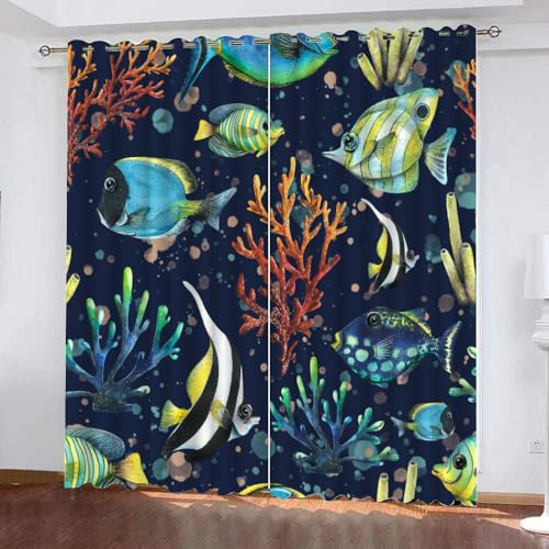 GIOVIA 3D Ozean Gardinen Abdunkelnde Korallen Fische Kindervorhänge Vorhang mit ösen 2er Set Vorhänge Blickdicht Verdunkelungs für Kinderzimmer Schlafzimmer Wohnzimmer B 140 X H 160 cm von GIOVIA