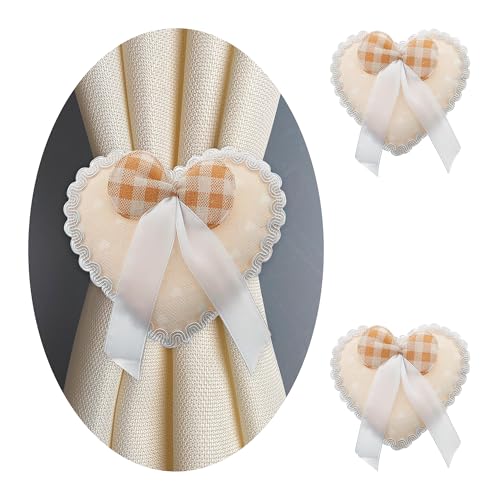 GIRASOLE HOME® Magnetischer Raffhalter aus Stoff in Herzform gepolstert mit Schleife 2 Stück (beige) von GIRASOLE HOME