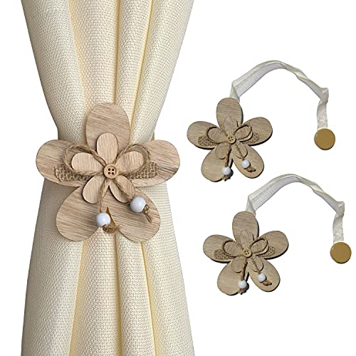GIRASOLE HOME 2 magnetische Raffhalter aus Holz in Blumenform, im Shabby-Chic-Stil, 2 Stück mit Organza-Schnur für leichte Vorhänge und Vorhänge (Blume, Natur) von GIRASOLE HOME