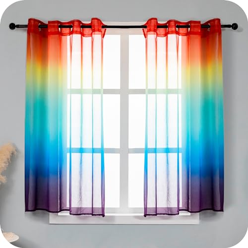 GIRASOLE HOME Paar Voile Vorhänge, halbtransparent, Farbe getönt, Regenbogen, Vorhang für Wohnzimmer, Schlafzimmer, Küche und Innenbereich, 2 Paneele mit Ösen 140 x 138 cm von GIRASOLE HOME