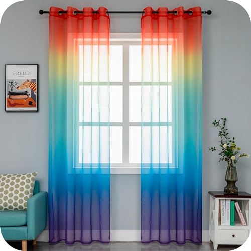 GIRASOLE HOME Paar Voile Vorhänge, halbtransparent, Farbe getönt, Regenbogen, Vorhang für Wohnzimmer, Schlafzimmer, Küche und Innenbereich, 2 Paneele mit Ösen 140 x 275 cm von GIRASOLE HOME