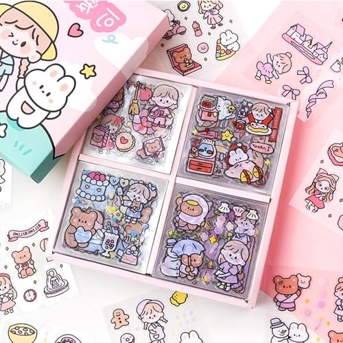 GIUSOBG Kawaii Sticker 100 Blätter Mini Cartoon Mädchen Aufkleber Cute Figur Sticker Set Scrapbooking PET Transparent Scrapbook Stickers, Sticker Aesthetic für Journaling, Kalender, DIY Basteln von GIUSOBG