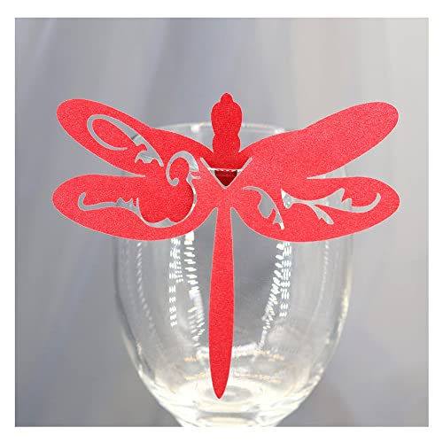 GIVBRO 50 Stück Tischkarte ausgehöhlte Libelle geformte Namenskarte Blumenstrauß Grußkarte für Hochzeit Weinglas Tasse Tischdekoration Rot von GIVBRO