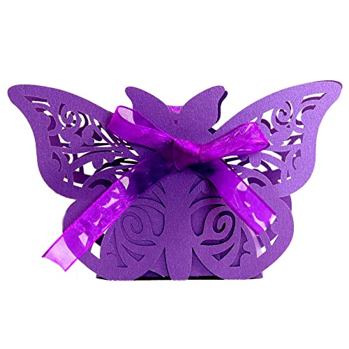 GIVBRO Hochzeit Schmetterling Süßigkeitenboxen Geschenkbox Schokolade Keksbox mit Bändern für Geburtstag Party Zubehör Lila, 50 Stück von GIVBRO