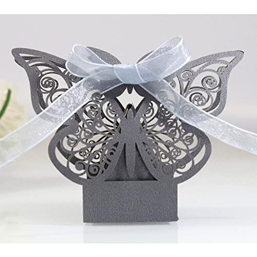 GIVBRO Hochzeits-Geschenkboxen mit hohlem Schmetterling, für Süßigkeiten, Geschenkboxen mit Schleife, für Party-Dekoration, Grau, 50 Stück von GIVBRO