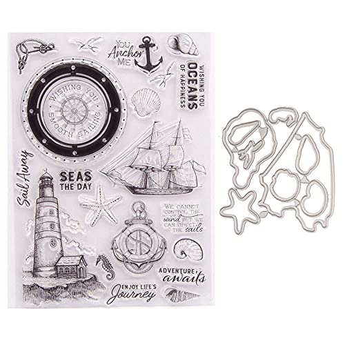 GIVBRO Transparente Silikon-Stempel, Siegel-Aufkleber, Stanzform, nautisches Thema, Prägeschablone mit Leuchtturm, Ruder, Segelboot, Muscheln von GIVBRO