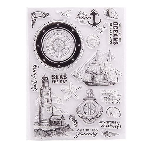 GIVBRO Transparente Silikon-Stempel, Siegel-Aufkleber, nautisches Thema, Prägeschablone mit Leuchtturm, Ruder, Segelboot, Muscheln Muster, DIY Kunstwerkzeuge von GIVBRO