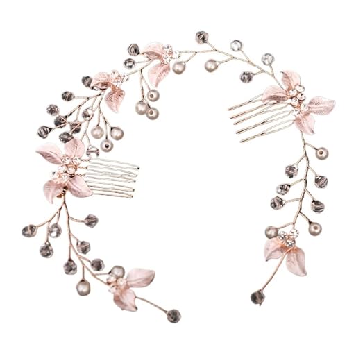 Brautstirnband 2 Stück Braut Kopfschmuck Perlenblatt Kamm Stirnband Haarschmuck for Frauen Stirnband Hochzeit Zubehör(Rose Gold) von GIYXHU
