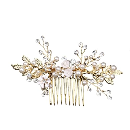 Brautstirnband 2 stücke Braut Kopfschmuck Hochzeit Perle Blume Haarnadel Seite Kamm Golden Leaf Shaped Legierung Tiaras Einsatz for Braut Kopfbedeckungen(Gold Style C) von GIYXHU