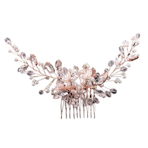 Brautstirnband Kristall Braut Kopfschmuck Blume Perle Haar Kamm Stirnband Hairwear for Frauen Braut Party Hochzeit Braut Haar Zubehör(Rose Gold) von GIYXHU