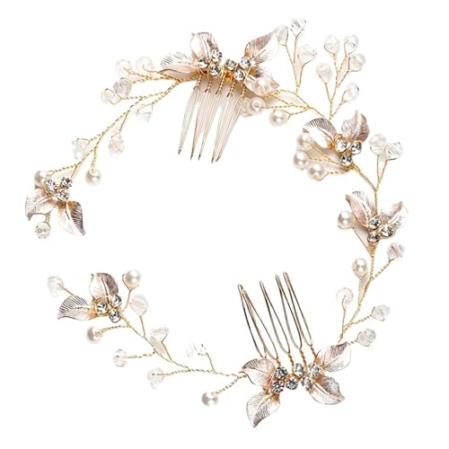 GIYXHU Brautstirnband 2 Stück Braut Kopfschmuck Perlenblatt Kamm Stirnband Haarschmuck for Frauen Stirnband Hochzeit Zubehör(Gold) von GIYXHU