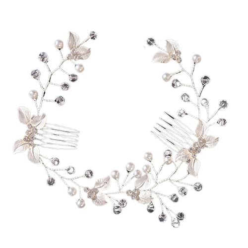 GIYXHU Brautstirnband 2 Stück Braut Kopfschmuck Perlenblatt Kamm Stirnband Haarschmuck for Frauen Stirnband Hochzeit Zubehör(Silver) von GIYXHU