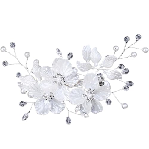 GIYXHU Brautstirnband 2 stücke Braut Kopfschmuck Kristall Perle Blume Haar Clips Elegante Kopfbedeckungen for Frauen Juwelen for Hochzeit Haar Zubehör(White) von GIYXHU