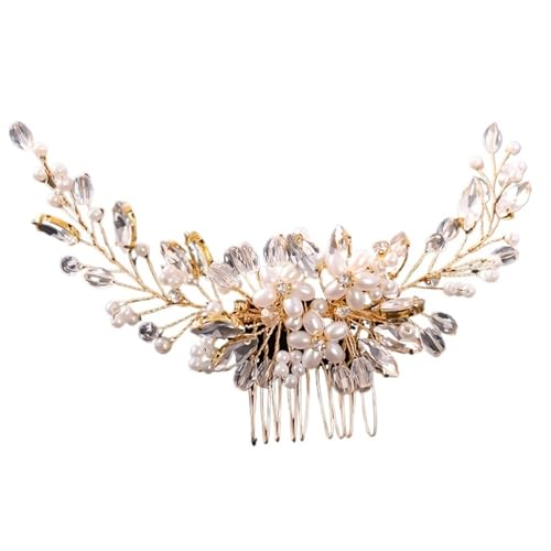 GIYXHU Brautstirnband Kristall Braut Kopfschmuck Blume Perle Haar Kamm Stirnband Hairwear for Frauen Braut Party Hochzeit Braut Haar Zubehör(Gold) von GIYXHU