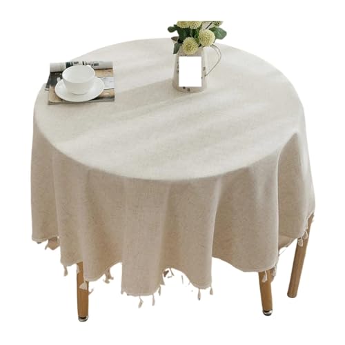 GIYXHU Runde Tischdecke Runde Tischdecke, minimalistisch, einfarbig, runder Knoten, Leinen, einfarbig, Quaste, Baumwollleinen, Tischdecke(90cm) von GIYXHU