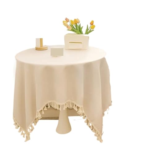GIYXHU Runde Tischdecke Rustikale Tischdecke mit Quasten, Baumwollleinen, Tischdecke for Hochzeit, Empfang, Teetisch, Esstisch, Dekoration(Beige,90x90cm) von GIYXHU